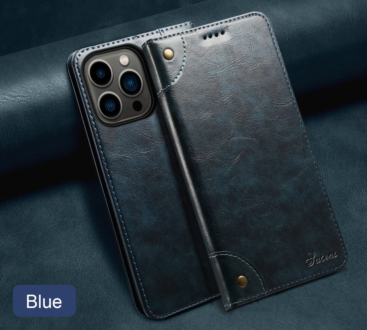 A dark blue magnetic leather flip case for a smartphone, shown in profile against a dark background.