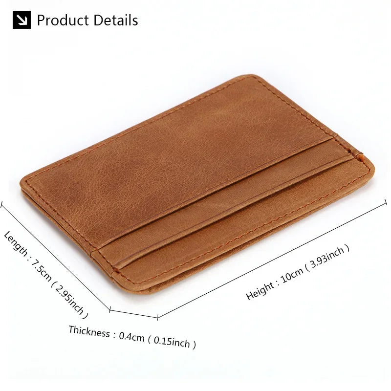 A brown genuine leather card holder shown from above, detailing its length, height, and thickness.