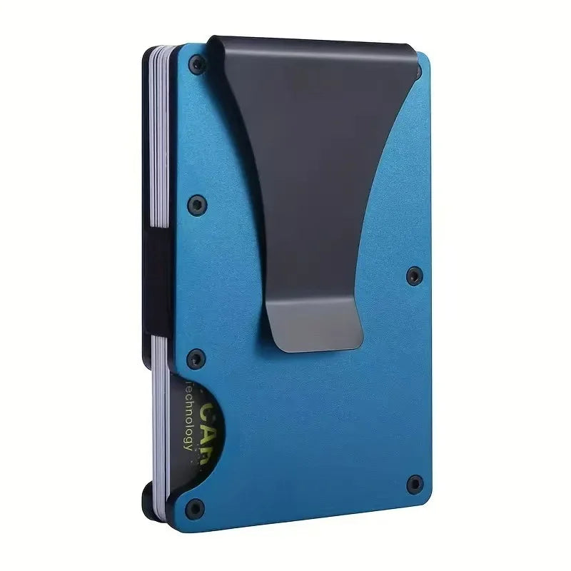 Cartera delgada de aluminio con bloqueo RFID en azul con solapa gris oscuro, vista de lado.