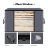 A gray foldable storage box with a clear window showing various fabric items and detailing sturdy sewing, stainless zippers, 