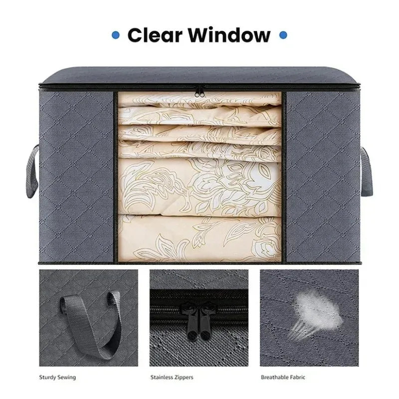 A gray foldable storage box with a clear window showing various fabric items and detailing sturdy sewing, stainless zippers, 
