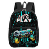 A black backpack featuring a neon digital theme and a front pocket displaying a yellow and green video game controller.