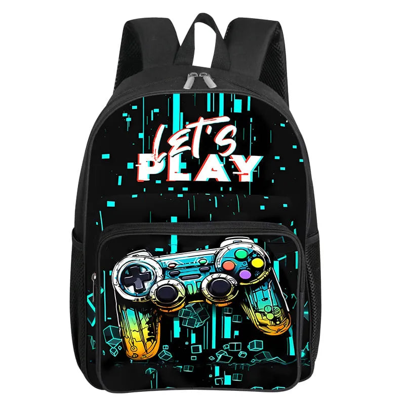 A black backpack featuring a neon digital theme and a front pocket displaying a yellow and green video game controller.