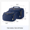 Navy cosmetic organizer bag with handle shown in multiple sizes and options