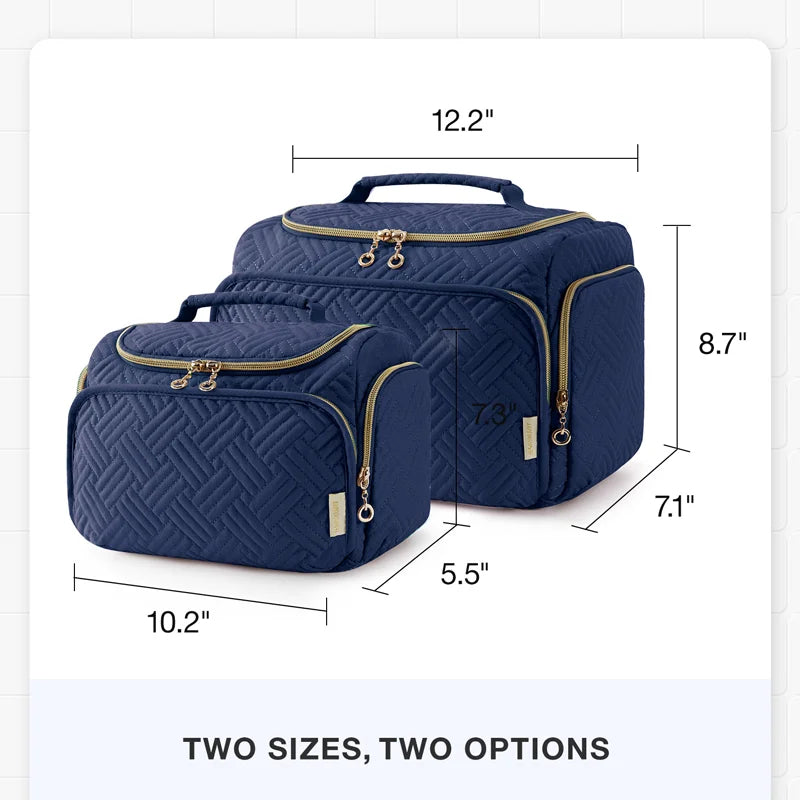 Navy cosmetic organizer bag with handle shown in multiple sizes and options