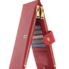 A red leather RFID protection bi-fold wallet with gold zippers and a card slot.