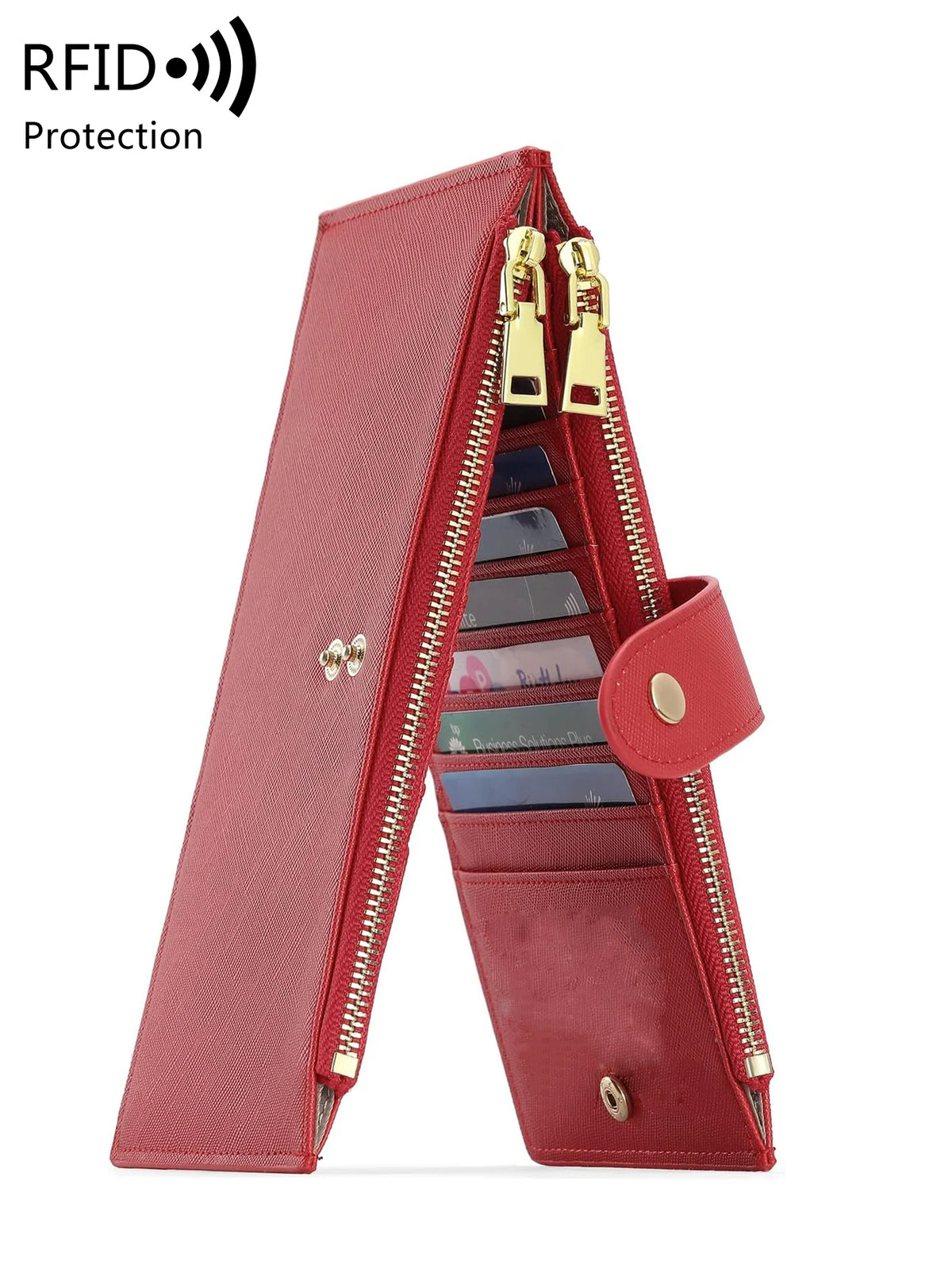 A red leather RFID protection bi-fold wallet with gold zippers and a card slot.