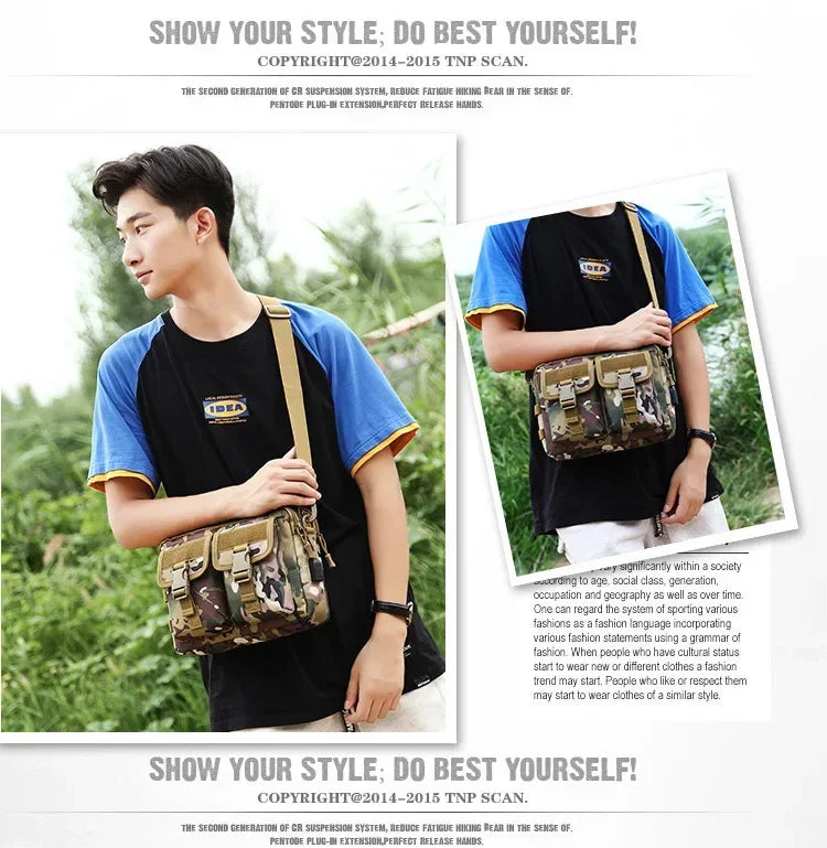 A person wearing a black t-shirt and blue sleeves holds a tactical multifunction fanny pack.