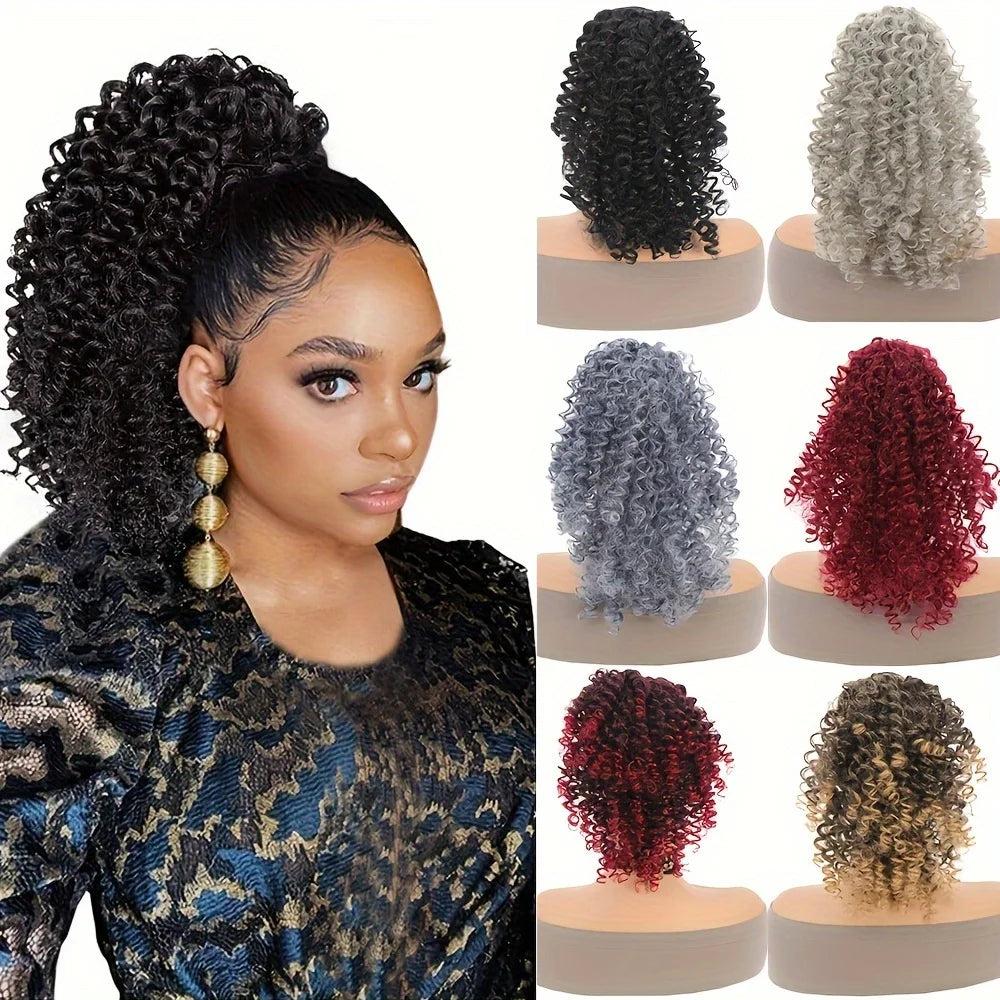 Close-up of a woman modeling 14-inch kinky curly drawstring hair extensions in black and gray shades.