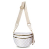 Beige karierte Crossbodytasche mit braunem Riemen und goldfarbenen Zierdetails