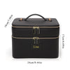 Black double-layer makeup storage case with gold zippers and a personalized name tag