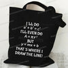 Black canvas tote bag featuring a mathematical equation written in white text
