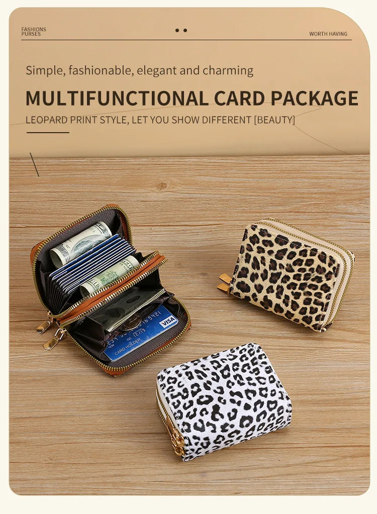 A leopard print multi-functional card package featuring a gold zipper and various cards and cash inside.