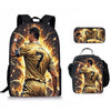 A set of black football star backpacks and a clear lunch bag featuring a soccer player in a gold uniform.