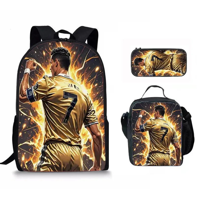 A set of black football star backpacks and a clear lunch bag featuring a soccer player in a gold uniform.