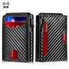A black carbon fiber slim RFID protection wallet shown in a closed and open view.