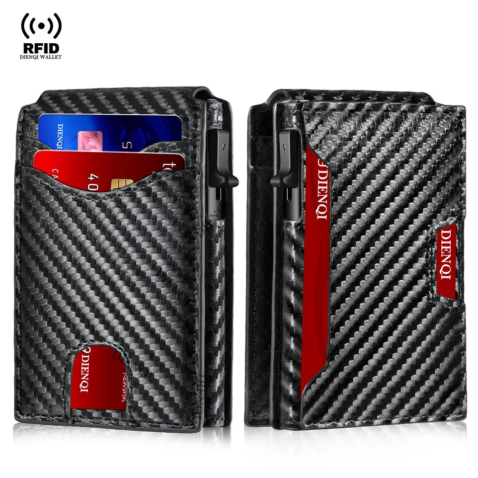 A black carbon fiber slim RFID protection wallet shown in a closed and open view.