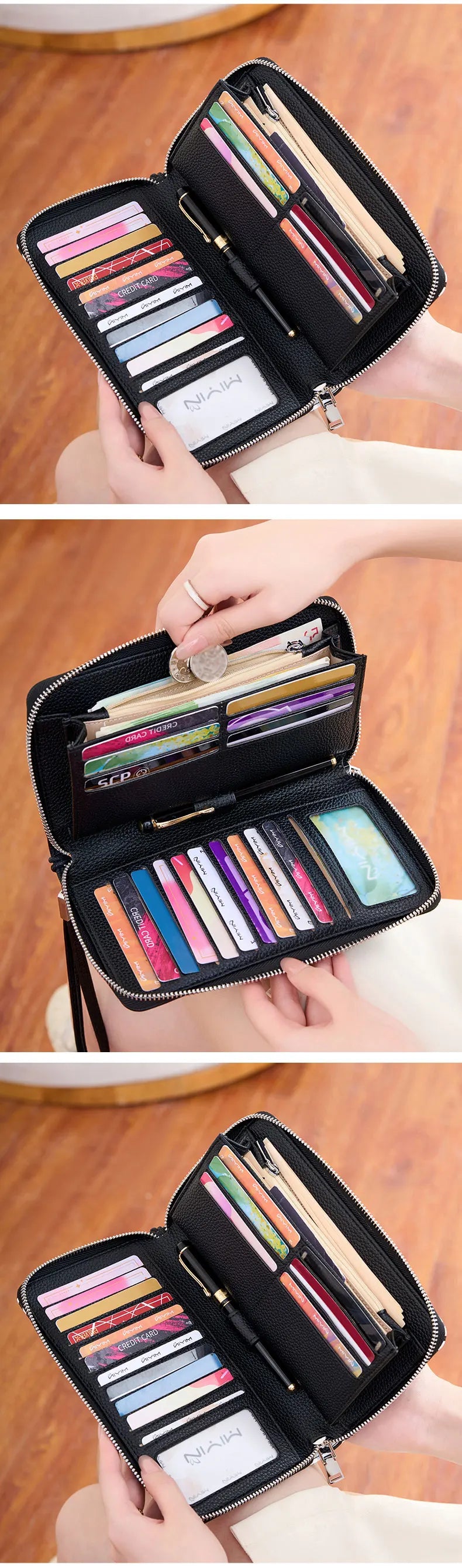 A black PU leather zipper wallet is shown open, displaying various credit cards and pens.