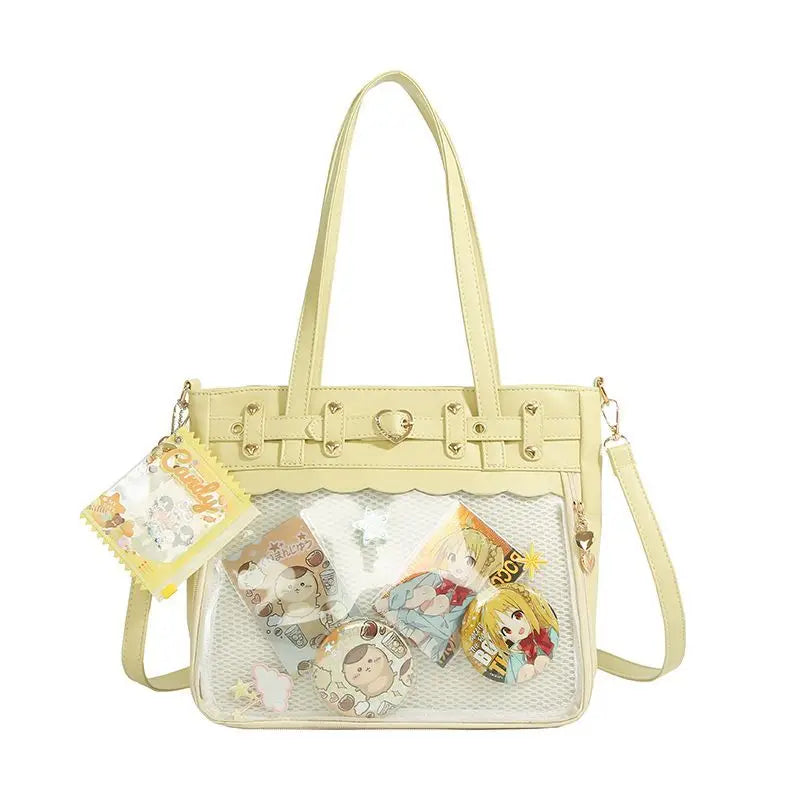 A light yellow Y2K punk goth crossbody bag with a quilted pattern and gold hardware.