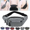 A collection of gray and black canvas waist fanny bags shown on models and individually.