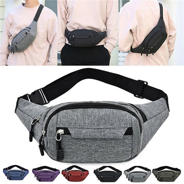 A collection of gray and black canvas waist fanny bags shown on models and individually.