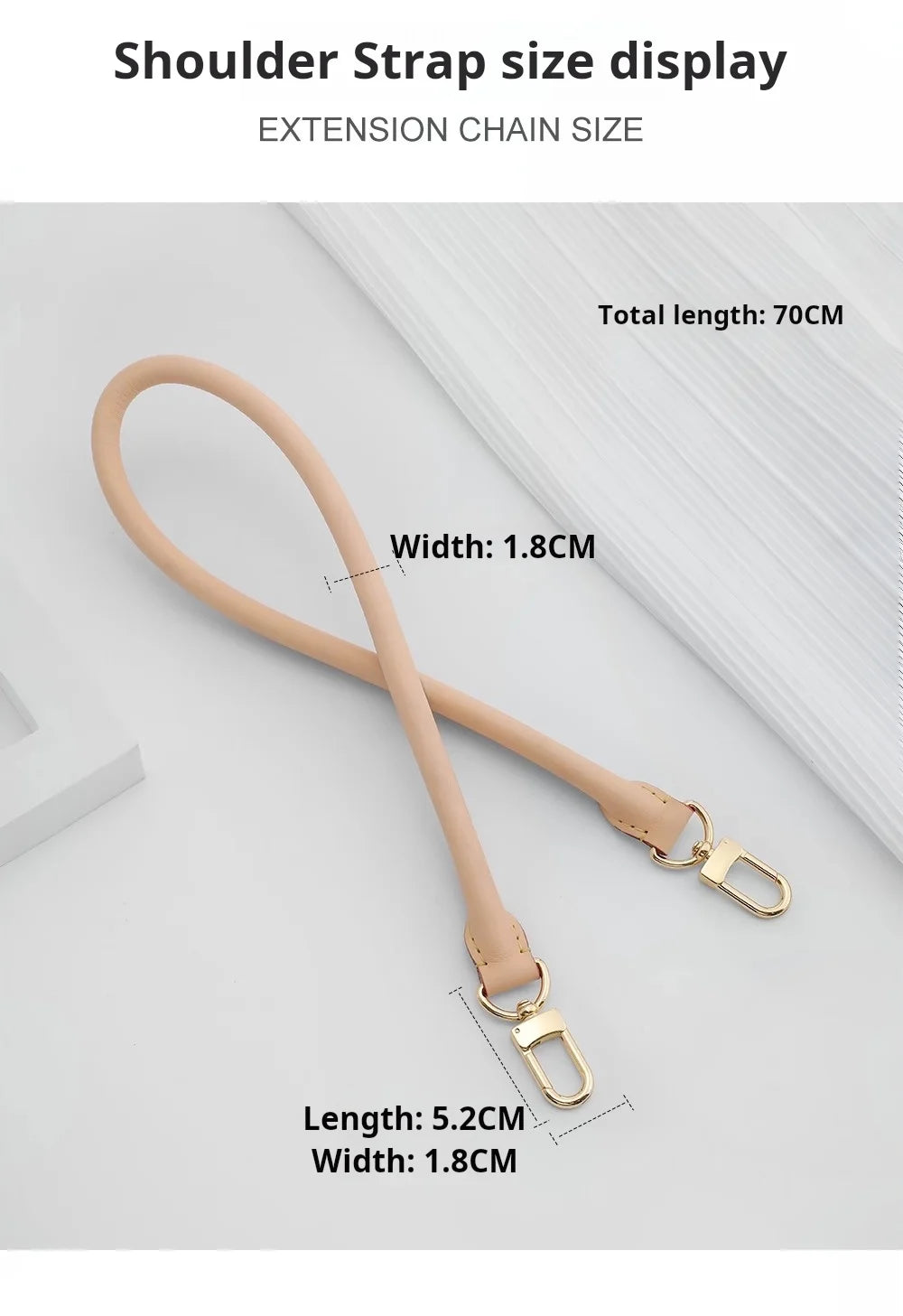Display of a tan leather extension chain size showing total length and individual segment dimensions.