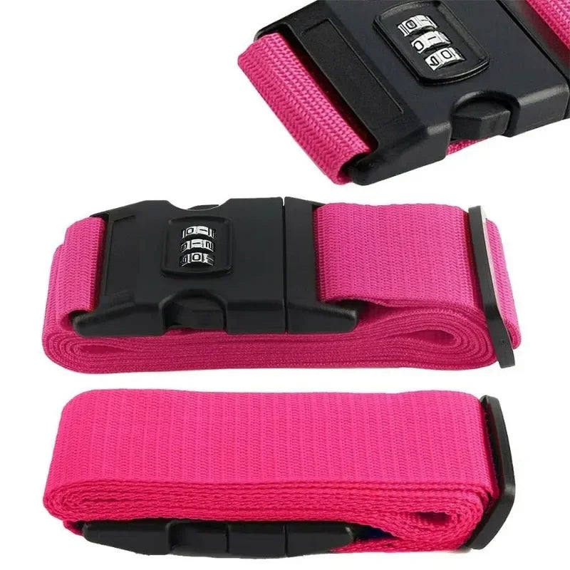 Pink and black adjustable luggage straps with a combination lock for securing bags