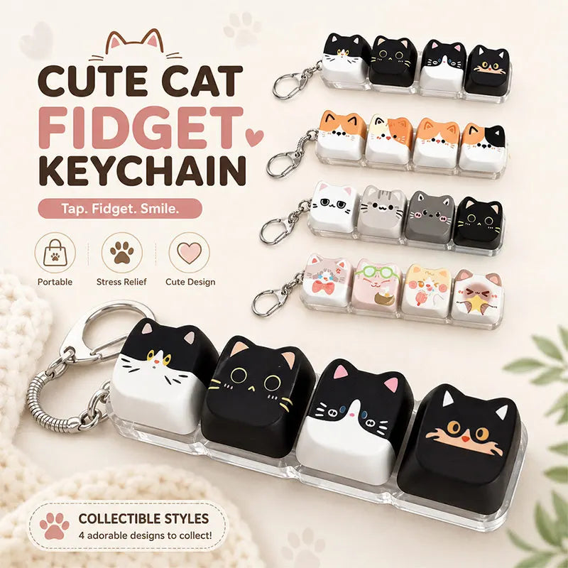 A collection of cute cat fidget keychains and bag charms in various designs and colors.