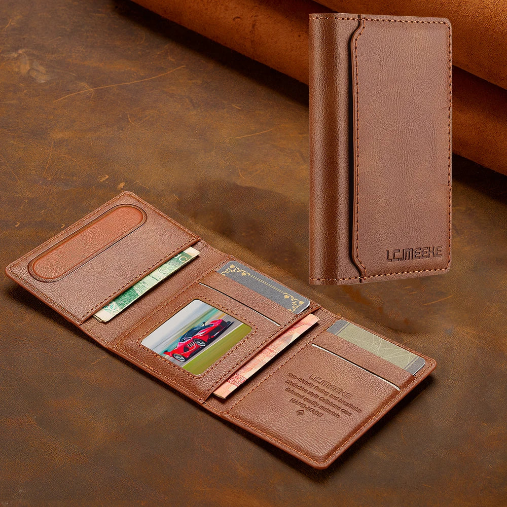 A brown leather multi-card wallet with a phone grip stand is shown on a dark surface.