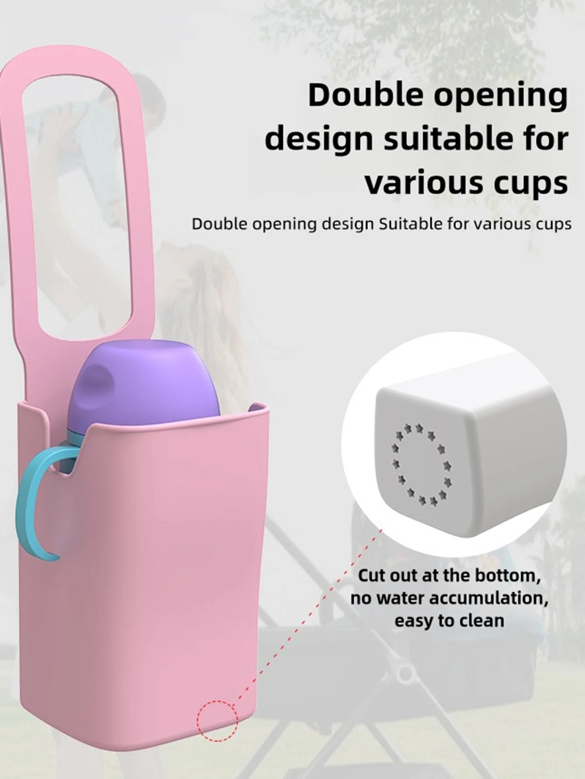 Pink double opening silicone cup holder designed for various cups, shown in a close-up view.