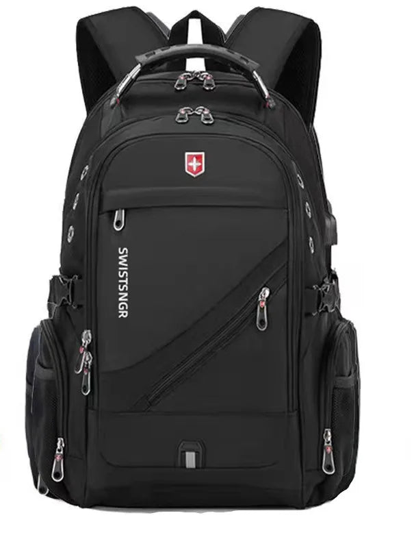 Mochila de viaje grande para hombre suizo negro vista desde atrás