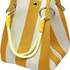 A knitted bucket bag with yellow and beige stripes, featuring gold-toned hardware.