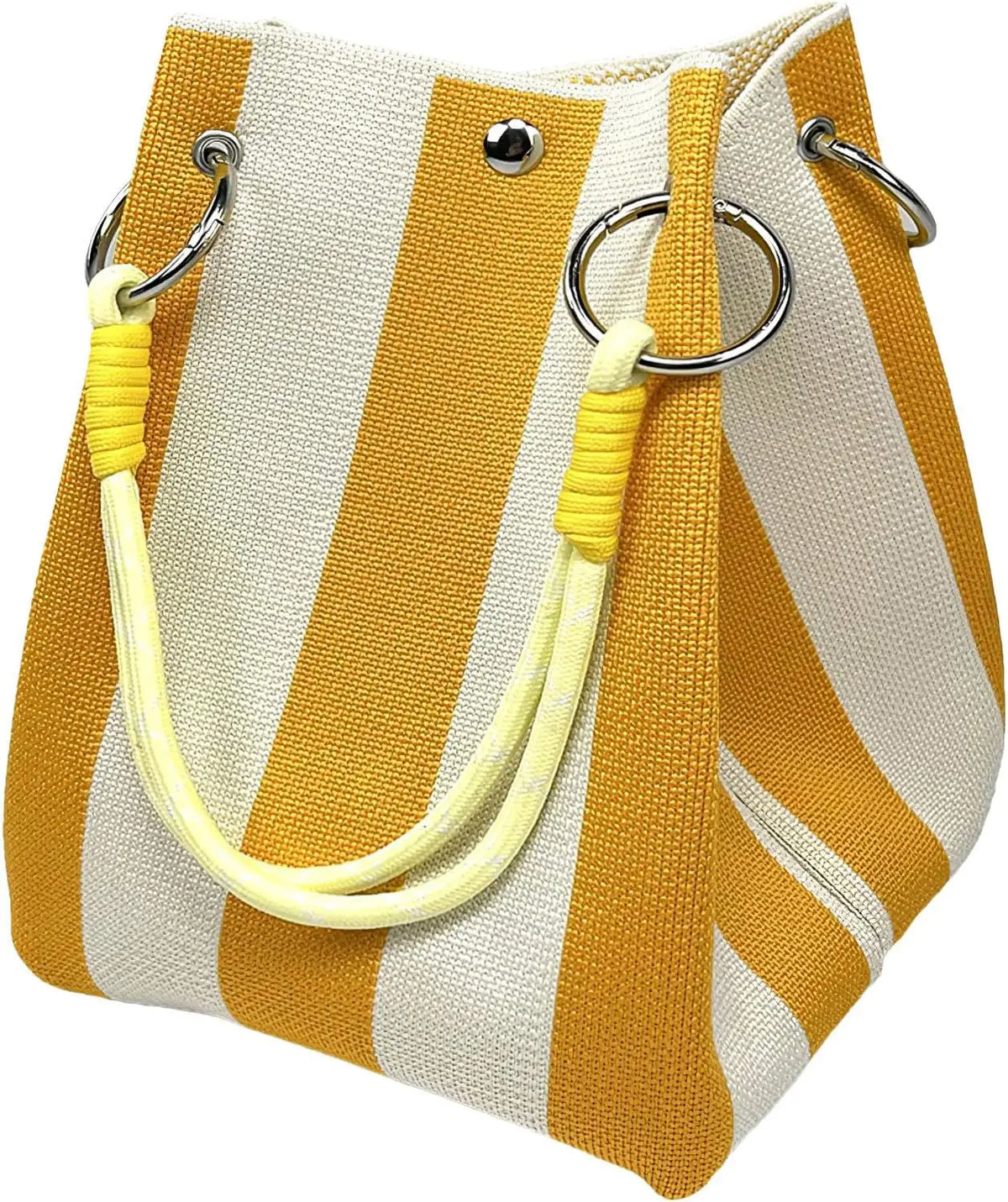 A knitted bucket bag with yellow and beige stripes, featuring gold-toned hardware.