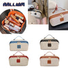 A collection of beige and brown travel toiletry bags in various sizes and styles.
