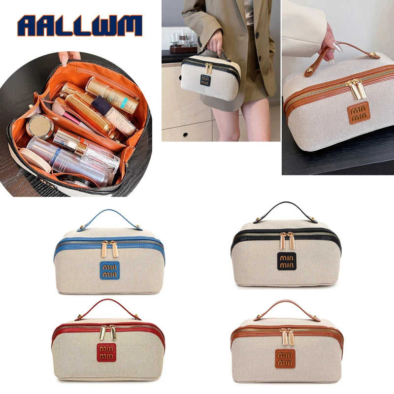 A collection of beige and brown travel toiletry bags in various sizes and styles.