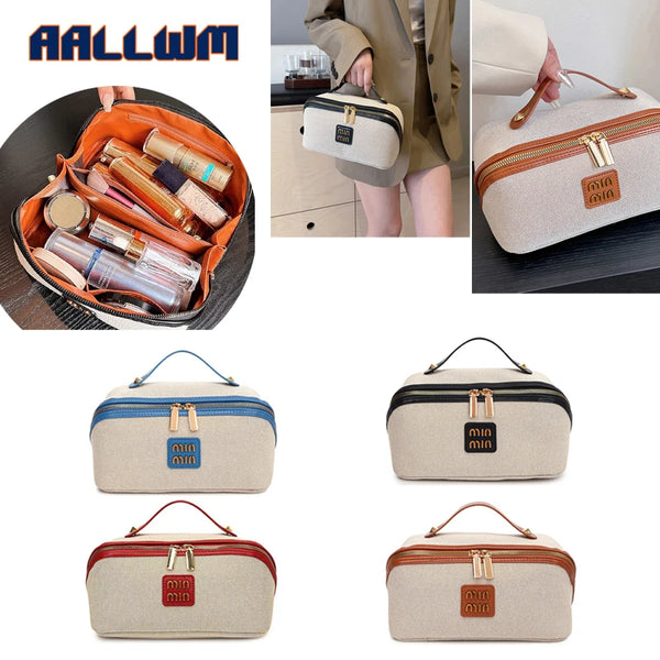 Collection de trousses de toilette de voyage beige et marron de différentes tailles et styles.