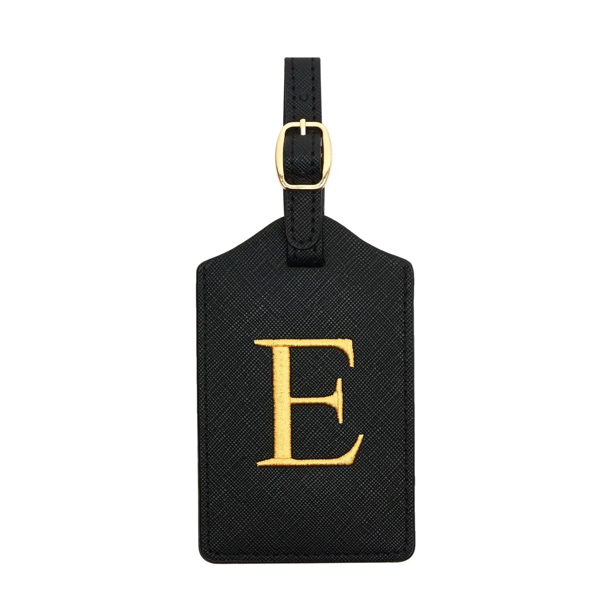 Black PU leather luggage tag with a gold letter E and a metal loop for attachment.