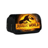A black pencil case featuring a Jurassic World dinosaur graphic on the lid.