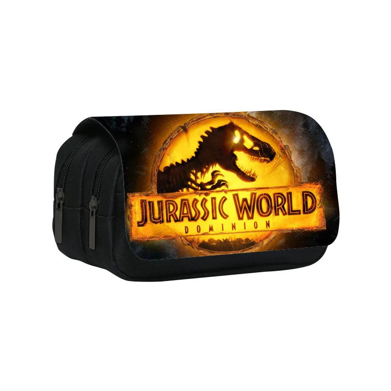 A black pencil case featuring a Jurassic World dinosaur graphic on the lid.