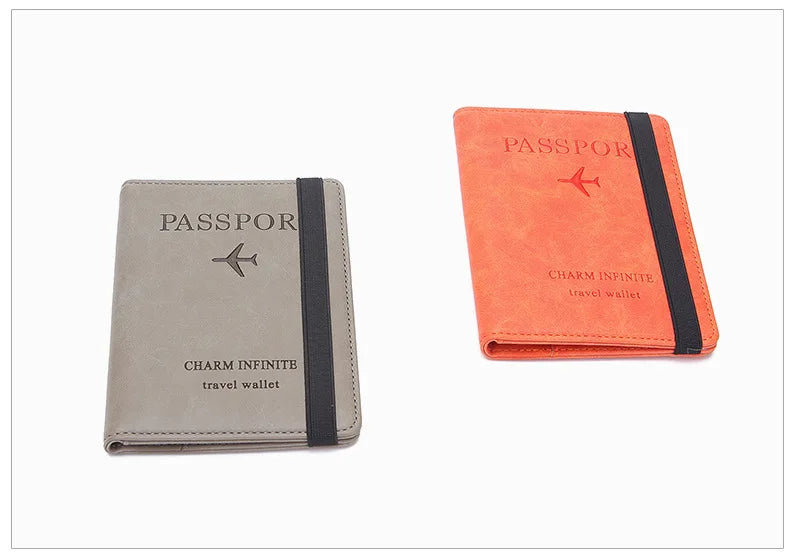 A pair of passport holders, one gray and one orange, made of premium PU leather.