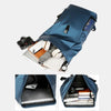 A blue waterproof business laptop backpack shown from the exterior and interior view.