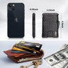 Black RFID blocking pop-up card holder wallet with money clip shown next to a smartphone and cash