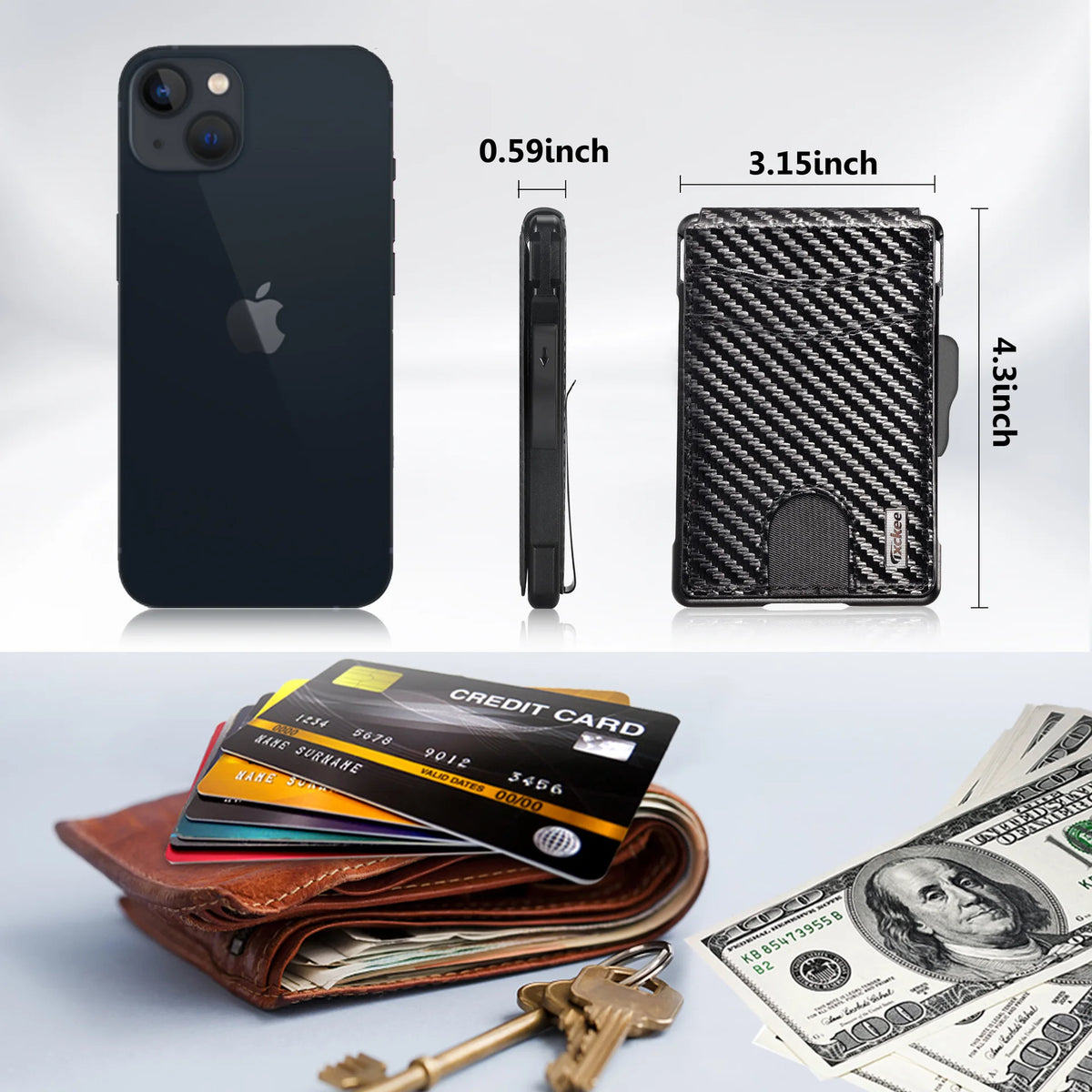 Black RFID blocking pop-up card holder wallet with money clip shown next to a smartphone and cash