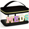 A clear toiletry bag with a black lid featuring the word MEDS embroidered in colorful letters.