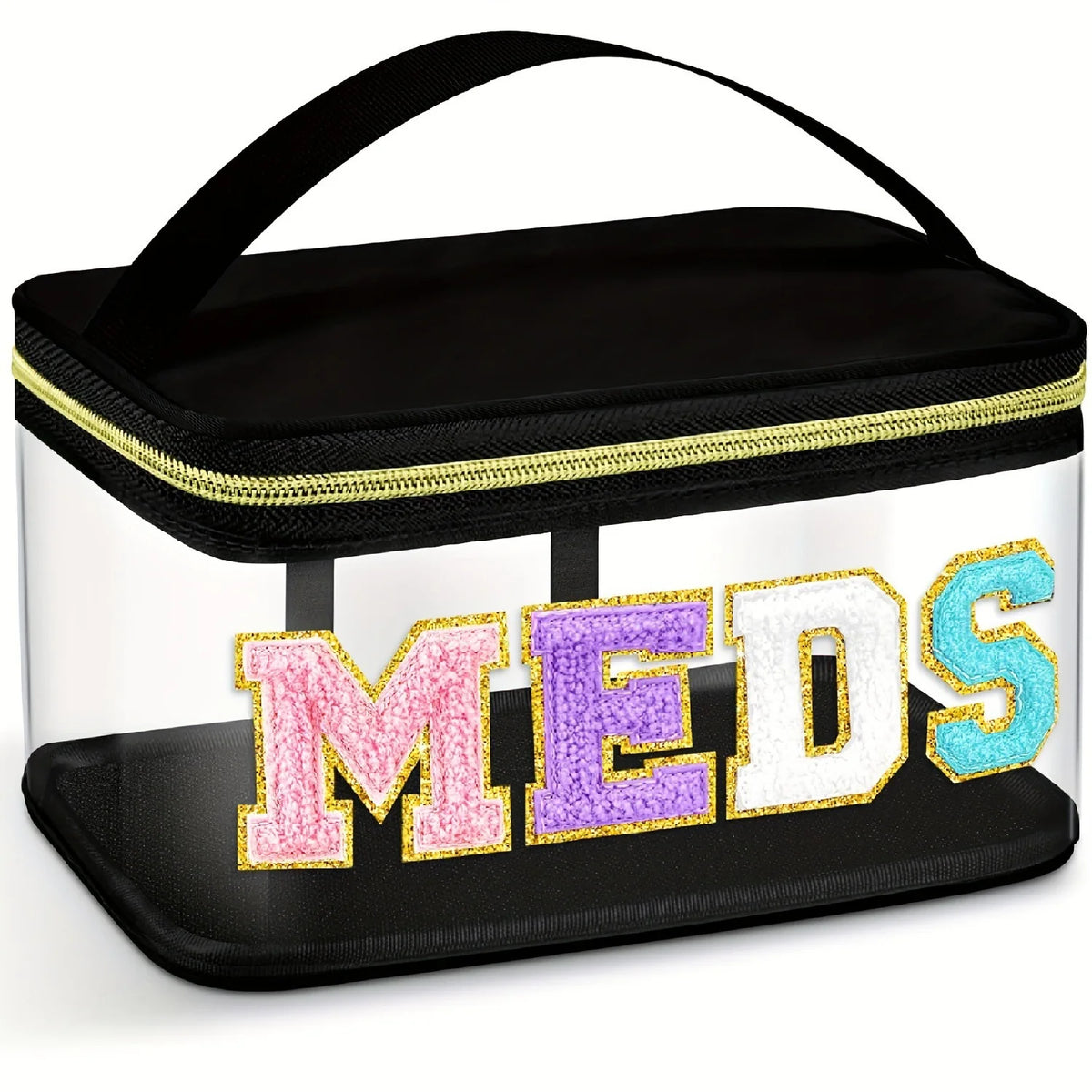 A clear toiletry bag with a black lid featuring the word MEDS embroidered in colorful letters.