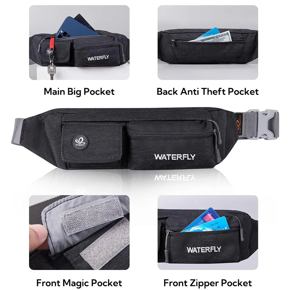 A black slim multi-pocket waist bag featuring a main pocket, back anti-theft pocket, front magic pocket, and front zipper poc