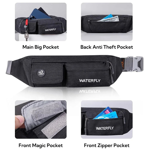 A black slim multi-pocket waist bag featuring a main pocket, back anti-theft pocket, front magic pocket, and front zipper poc