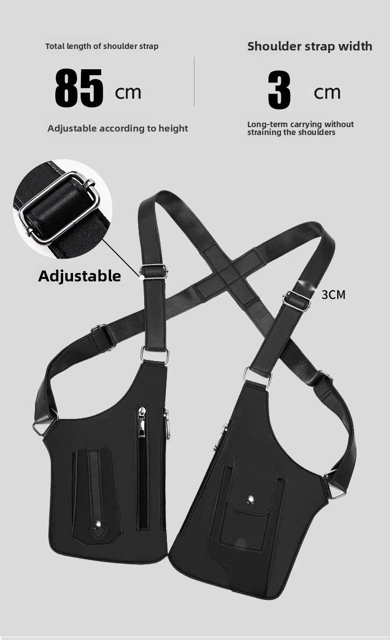 Schwarze Kunstleder-Doktasche mit verstellbarem Riemen und Brieftasche, seitliche Ansicht.