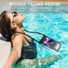 A woman floats a smartphone in water using a sponge filling design waterproof phone case with detachable strap