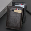 A dark brown slim PU leather credit card wallet with a flap, showing a glimpse of an identification card.